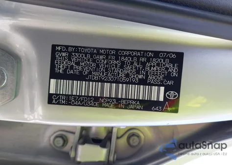 2007 Toyota Yaris из США, поврежденный, VIN JTDBT923071059193